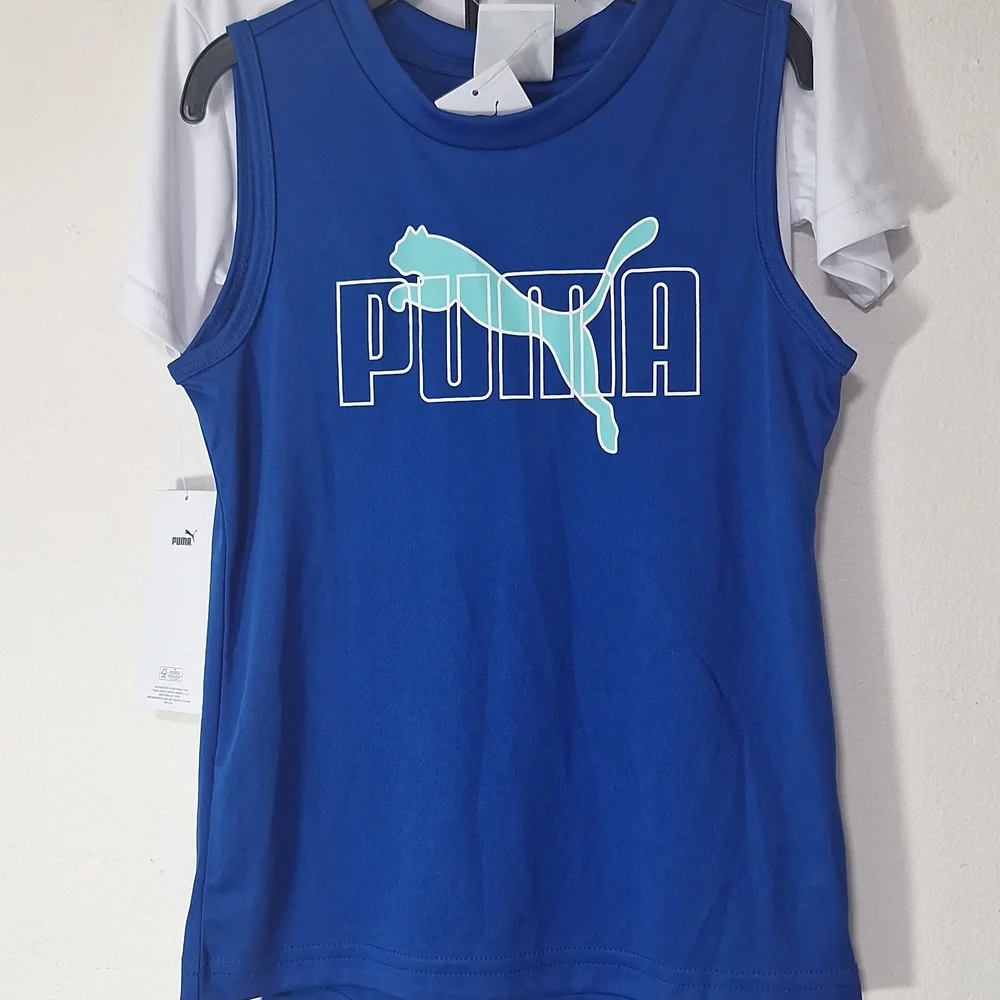 Puma Kids Tee Tank Shorts Set White and Blue Logo 3 Piece Set